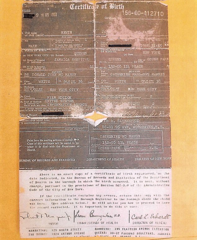 Both infants were tagged simply 'Baby McMahon.' Their birth certificates were even stamped with consecutive numbers. Pictured, Kevin McMahon's birth certificate