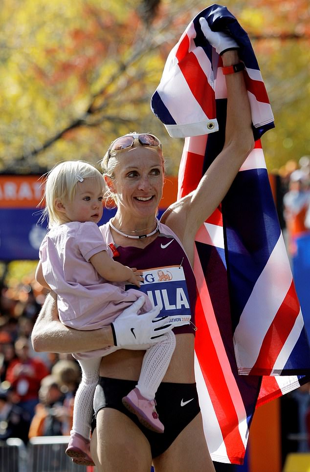 Paula Radcliffe will be cheering on her 18-year-old daughter Isla from the sidelines as she takes on her first marathon. Paula is pictured holding Isla after winning the New York Marathon in 2008