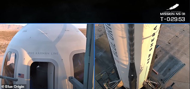 Only minutes later in the Blue Origin livestream, you can see that the panel has been removed now that all the passengers are onboard