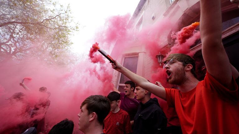 Liverpool fans celebrating ahead of their potentially sealing the Premier League title today. Pic: PA