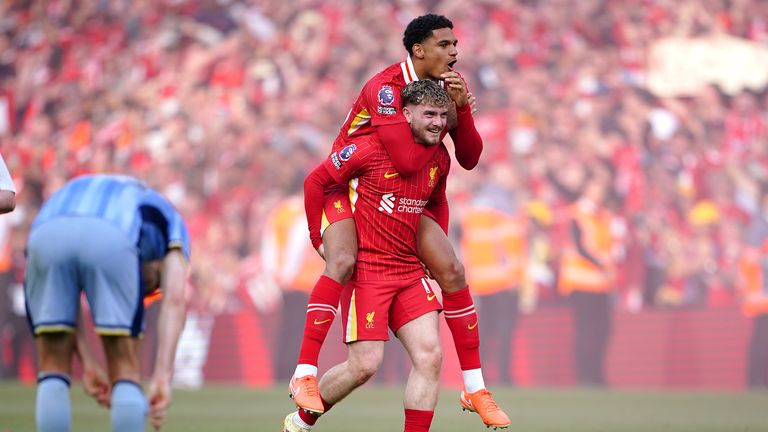 Liverpool's Harvey Elliott (below) and Jarell Quansah celebrate after full-time. Pic: PA