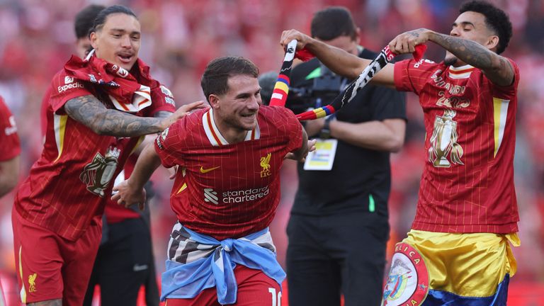 Alexis Mac Allister, Luis Diaz, and Darwin Nunez celebrate. Pic: Reuters