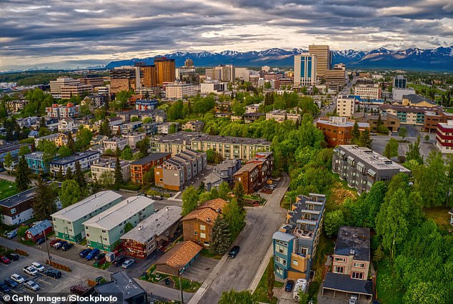 An eruption could result in widespread ashfall across Anchorage, which is home to nearly 300,000 people (pictured)