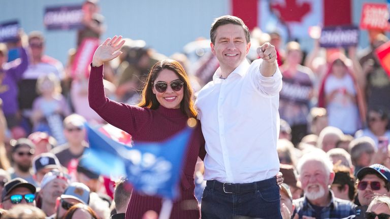 Conservative Party of Canada leader Pierre Poilievre and his wife Anaida in Keene, Ontario. Pic: Reuters