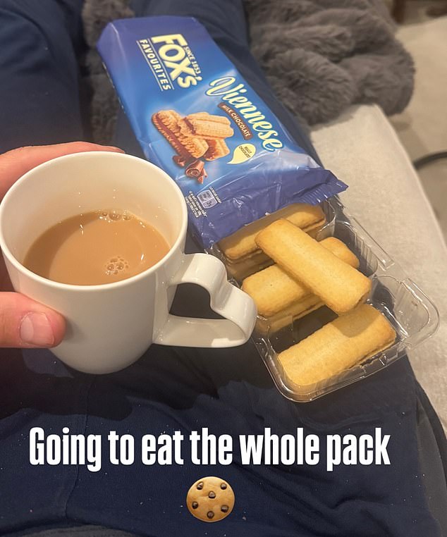 After the race, Terry was seen with his feet up as he tucked into a cup of tea and biscuits
