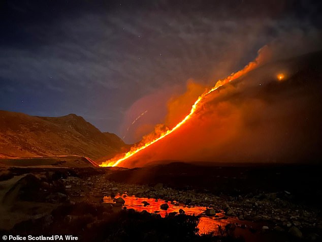 In Scotland, Police issued an 'extreme' wildfire warning on the Isle of Arran (pictured) after dry weather and strong winds created the conditions for intense wildfires. Picture dated April 11, 2025