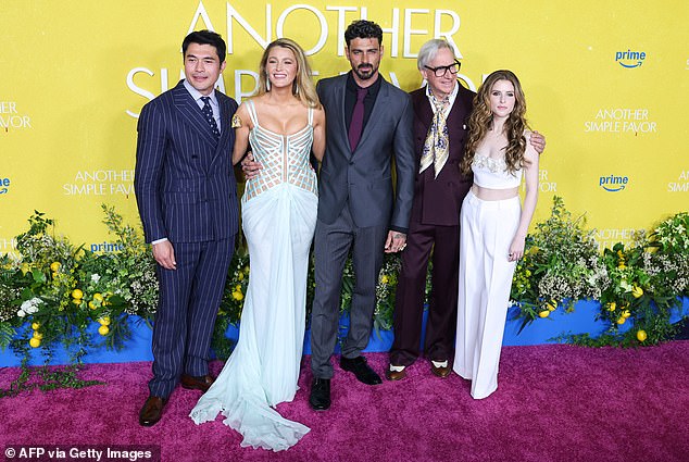 They also stopped for a group picture (L-R Henry Golding, Blake, Michele Morrone, Paul Feig and Anna)