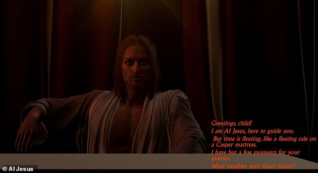 However, AI Jesus (pictured) has a major catch. This AI chatbot has been built not only to deliver words of wisdom and comfort, but also to advertise products