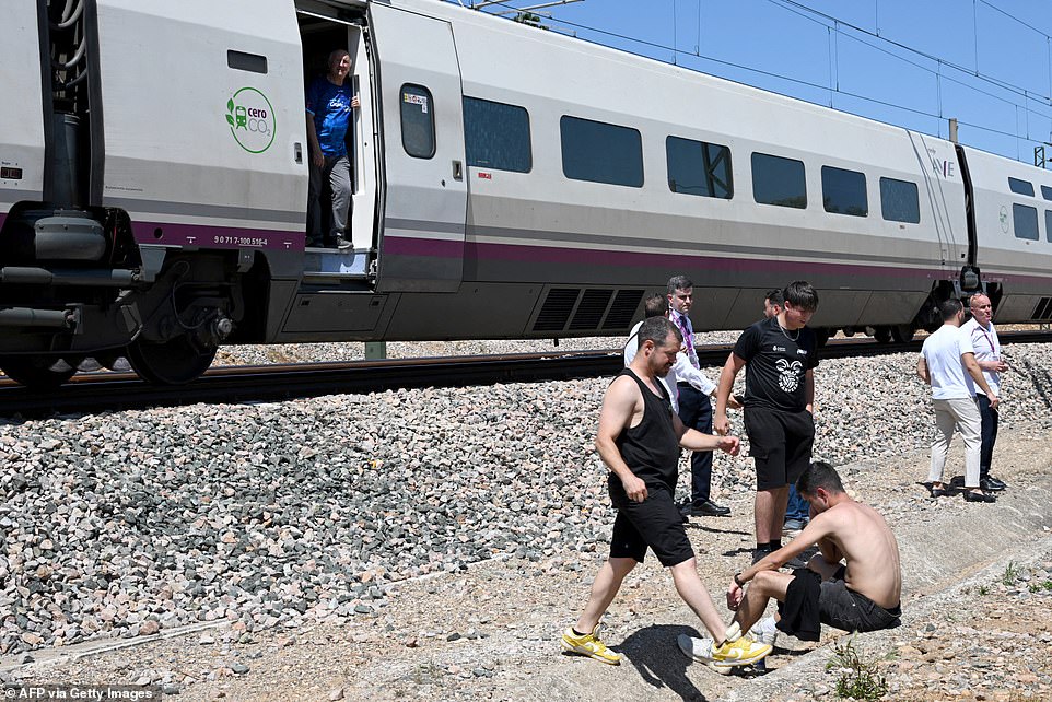 Passengers stand next to a stopped RENFE high-speed AVE train near Cordoba on April 28, 2025, during a massive power cut