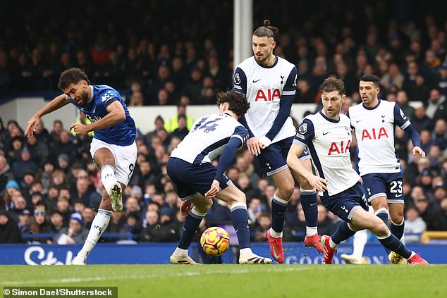 Calvert-Lewin fires in against Tottenham in January, one of just three goals this season