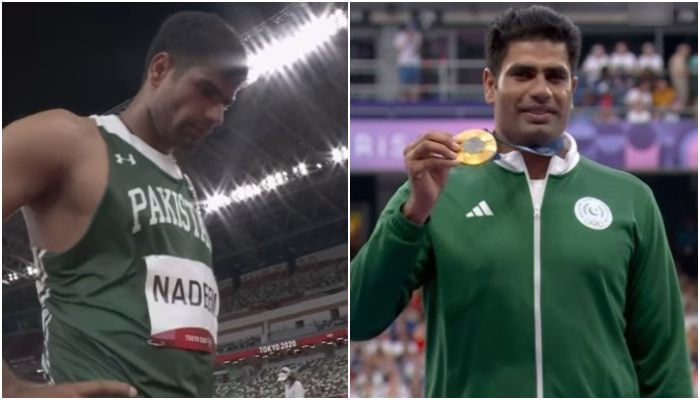 A collage showing a gutted Arshad Nadeem after Tokyo Olympics 2020 (left) heartbreak, and raising his gold medal at the Paris Olympics 2024. — Screengrab via Instagram@olympickhel/File
