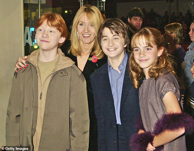 Rowling (pictured with Daniel Radcliffe, Rupert Grint and Emma Watson in 2001) has made headlines for her vocal views on trans rights in recent years