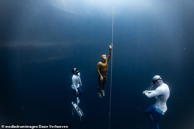 Just like a freediver (pictured), Jesus' dive reflex may have kicked in and allowed him to survive for up to 20 minutes without breathing. This would be enough time for the guards to assume he was dead and remove him from the cross