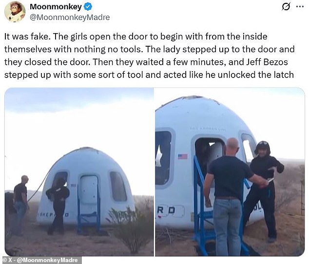 For many people who had already been sceptical about the mission, the fact that Jeff Bezos appeared to pretend to open the hatch was enough to prove that the entire project was faked