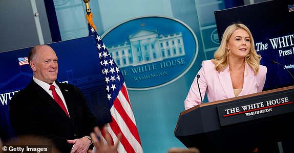 WASHINGTON, DC - APRIL 28: White House press secretary Karoline Leavitt, accompanied by White House border czar Tom Homan, takes a question from a reporter during the daily press briefing in the Brady Press Briefing Room at the White House on April 28, 2025 in Washington, DC. Wednesday of this week will mark the first 100 days of U.S. President Donald Trump's second term. (Photo by Andrew Harnik/Getty Images)