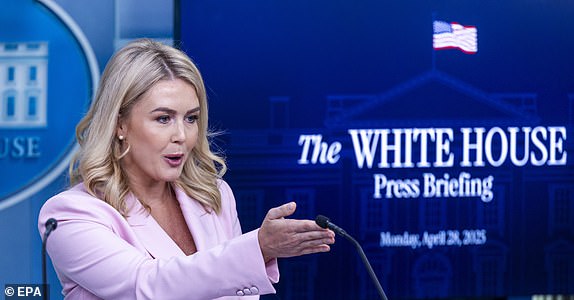epa12060454 White House Press Secretary Karoline Leavitt responds to a question from the news media during a press briefing with White House â¿¿Border Czar' Tom Homan in the press briefing room at the White House in Washington, DC, USA, 28 April 2025. Border czar Tom Homan is leading the Trump administration's deportation efforts and has said it doesn't matter whether the children of undocumented migrants are US citizens, they should be deported.  EPA/SHAWN THEW