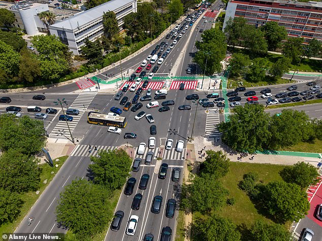 Aerial view of Avenida das Forcas Armadas, with difficult traffic, after widespread blackout in Lisbon