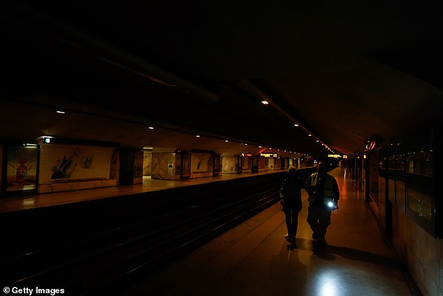 The subway station lies in darkness during a power outage on April 28, 2025 in Lisbon, Portugal