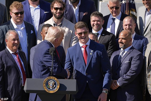 Trump made a big show of congratulating safety Reed Blankenship for a clutch interception