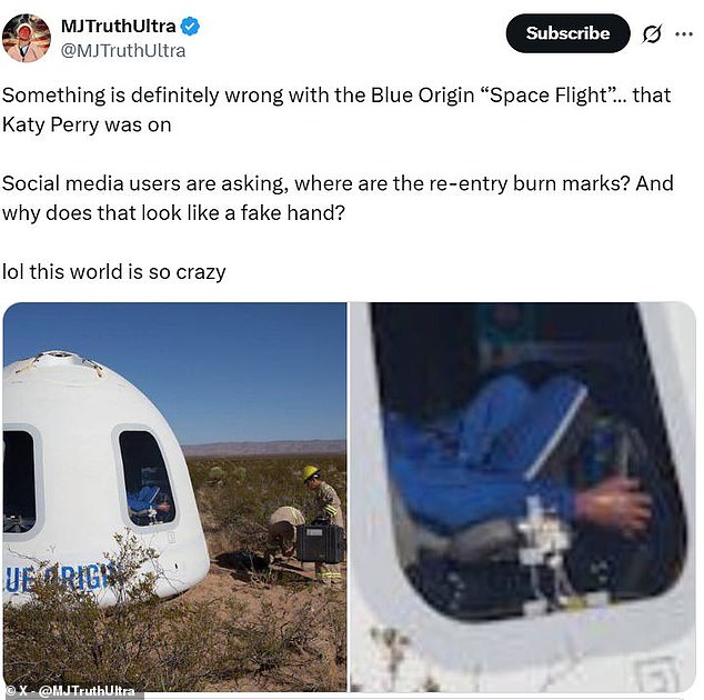 This comes after internet-dwelling conspiracy theorists claim to have spotted a 'fake hand' on the Blue Origin capsule which took Katy Perry and Lauren Sanchez to space