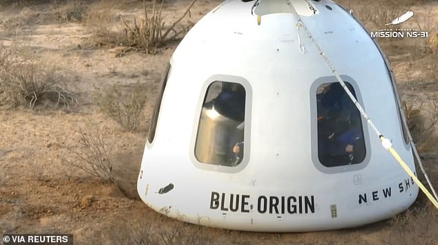 Closer inspection shows that the capsule in the test launch images is obviously different to the one used on Monday. The writing on the 2017 test flight capsule is blue, while the writing on the one used by Katy Perry (pictured) is black
