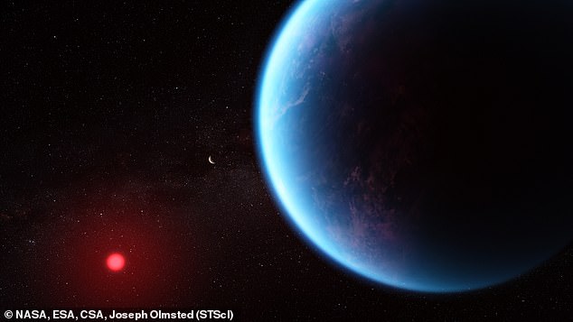 To determine the chemical composition of the atmospheres of faraway planets, astronomers analyse the light from its parent star as the planet or passes in front of it (pictured is an artist's impression of K2-18b)