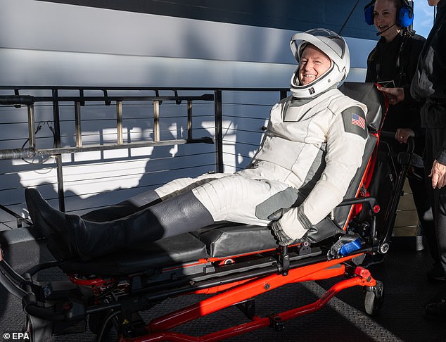 Pictured is Butch Wilmore being stretchered off to medical immediately after returning from space on March 18