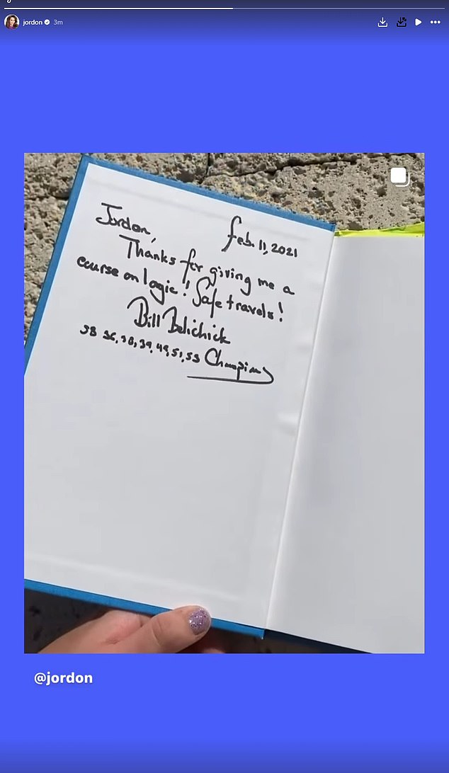 On her Instagram story, she posted a past video showing the message Belichick penned in her textbook on their first meeting