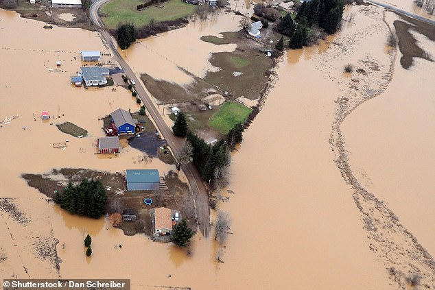 It such a quake struck today, the researchers estimate that an additional 14,350 residents, 22,500 structures and 777 miles of roadway would fall within the post-earthquake floodplain, more than doubling flood exposure. Pictured: flooding in Washington State