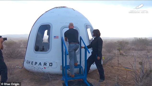 Combining the mystery of space travel with the presence of billionaire Jeff Bezos, pictured opening the door to the capsule, made fertile ground for conspiracy theories to take root, according to psychologists