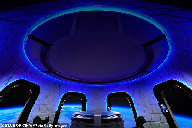 Pictured is the interior of the Blue Origin crew capsule. Bezos wants to pioneer commercial space travel, although customers are having to pay several million dollars for the experience