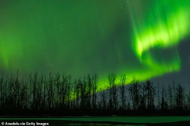 An impressive display from the Northern Lights (aurora borealis) illuminates the sky in Fairbanks, Alaska on March 27, 2025