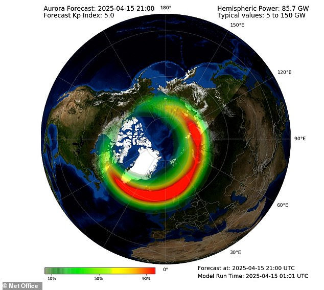 A Met Office animation shows tonight's auroral oval - the ring-like range of auroral activity that determines the range of the Northern Lights and where it will be most visible