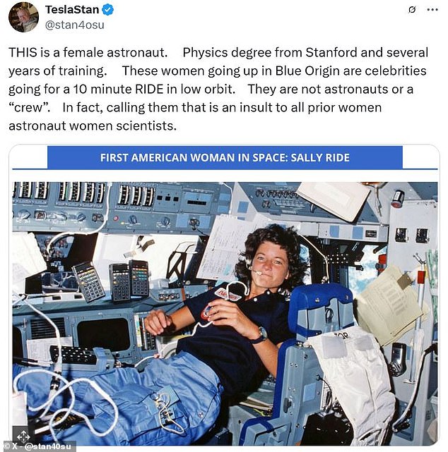 One commenter shared an image of Sally Ride, the first American woman in space, writing 'THIS is a female astronaut'. Sally Ride obtained a PhD from Stanford University in physics and helped develop the Space Shuttle's robotic arm before going to space in 1983