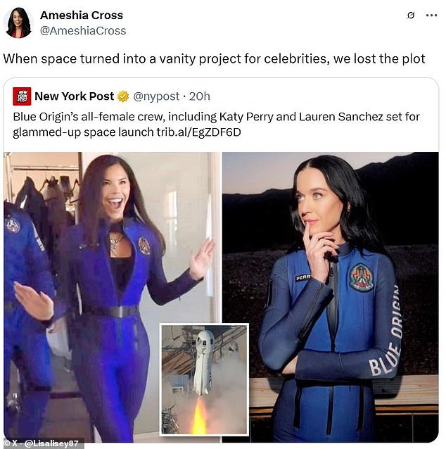 On X, formerly Twitter, the mission was slammed as a 'vanity project for celebrities'