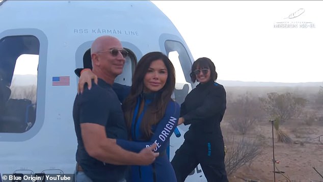 Jeff Bezos met his fiance Lauren Sanchez as he opened the door to the capsule. Experts have pointed out that picking such wealthy passengers undermines the message of democratising spaceflight