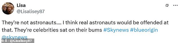On social media, commenters slammed the mission and complained that the crew were not real astronauts