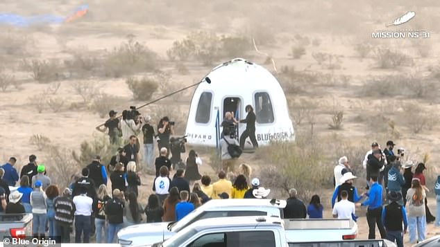 The New Shepard capsule returned to Earth just 11 minutes after launching, where the crew was met by Blue Origin founder Jeff Bezos