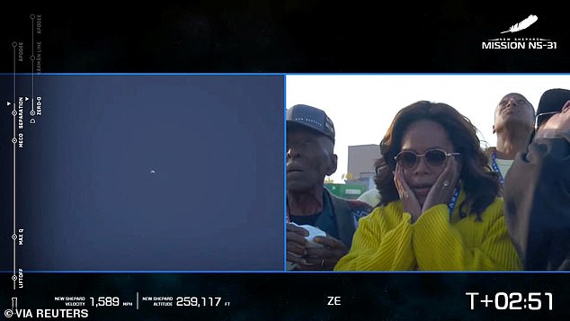 Famous TV host Oprah Winfrey was seen crying as her longtime friend Gayle King took part in the 11-minute Blue Origin spaceflight