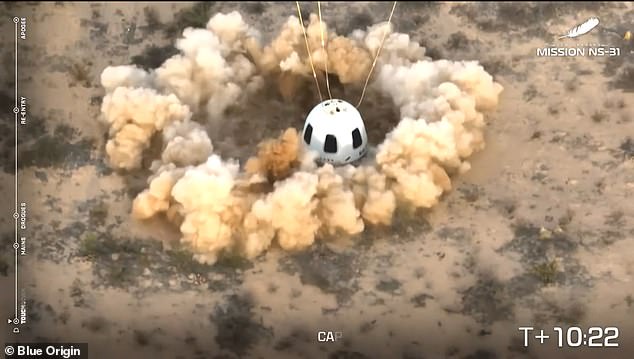 After traveling through space for approximately 3 minutes, the New Shephard capsule landed safely a few miles from the launch site in Texas