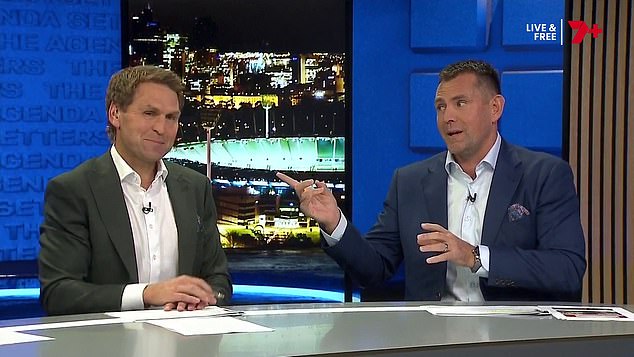 Cornes's remarks about Sheezel have been branded 'vindictive' and 'bullying' by the Kangaroos, with his fellow commentators including Luke Hodge (pictured right with Cornes) also saying he crossed a line
