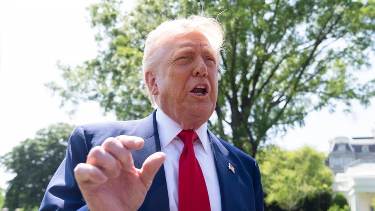 President Donald Trump speaks to reporters as he leaves the White House en route to attend a rally in Macomb County, Mich., to mark the 100th day of his second term in office, Tuesday, April 29, 2025, in Washington. (AP Photo/Manuel Balce Ceneta)


