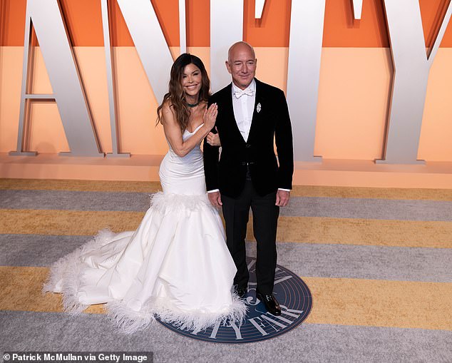 Lauren Sanchez and Jeff Bezos attend the 2025 Vanity Fair Oscar After Party Arrivals on March 3, 2025