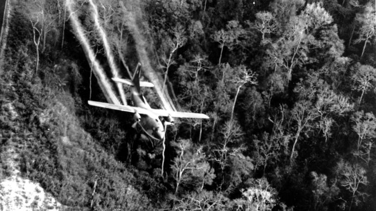 A US Air Force C-123 sprays defoliants on dense jungle in south Vietnam in 1966. Pic: AP
