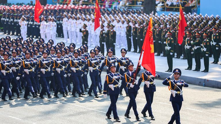 Vietnamese troops march during a parade to commemorate the 50th anniversary of the fall of Saigon, in Ho Chi Minh city, Vietnam, April 30, 2025. REUTERS/Minh Nguyen

