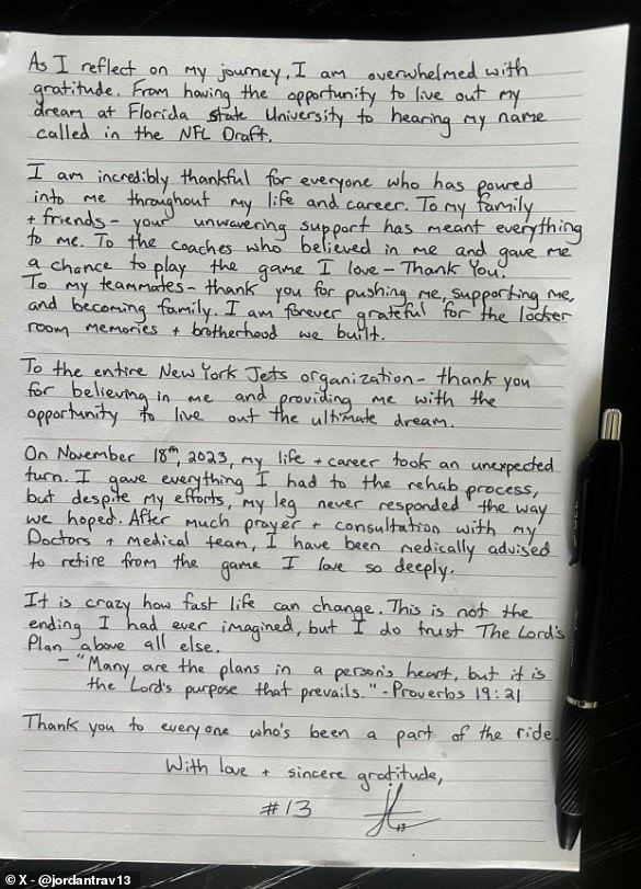 Travis posted this handwritten letter to his account on X confirming his decision