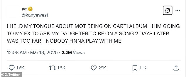 West said Playboy Carti was out of line in going behind his back to seal the collab with North