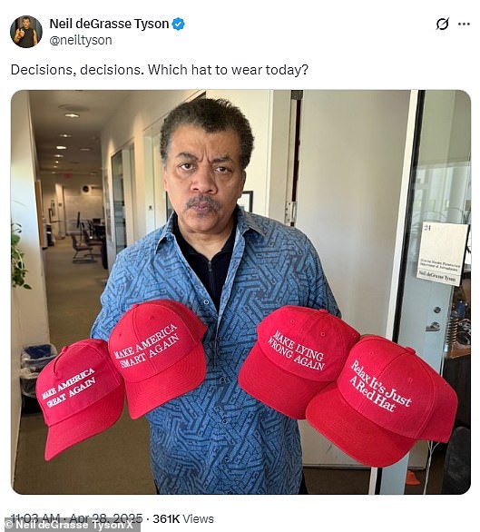 Neil deGrasse Tyson posted an image of himself holding 4 red hats, including a MAGA hat worn by supporters of President Trump