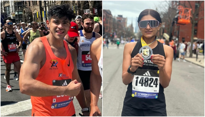 Pakistani runners — Amin Mukaty (left) and Sara Lodhi — celebrating after they won as the fastest male and female finishers at the Boston Marathon on April 21, 2025. — Reporter