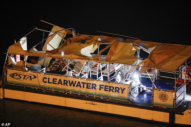 Extraordinary photos show the sheer extent of the damage to the small ferry, with parts of the roof entirely torn down and plastic chairs collapsed in on themselves from the impact of the collision